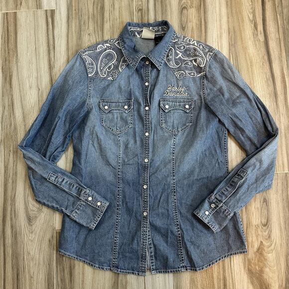 Harley-Davidson Tops - Harley Davidson Shirt Adult M Blue Denim Pearl Snap Rodeo Western Biker Womens